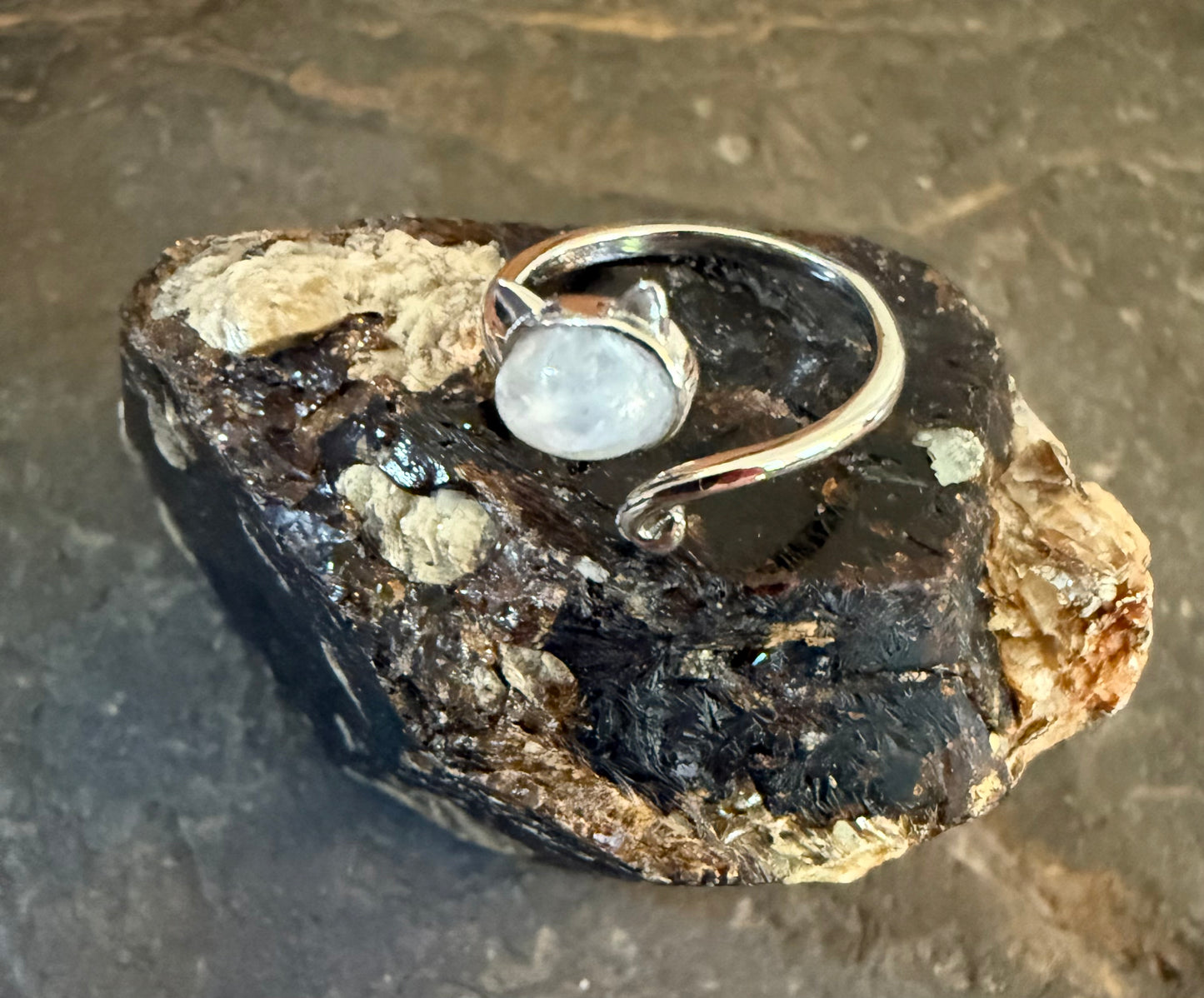 Sterling Silver Cat Ring with Moonstone Cabochon