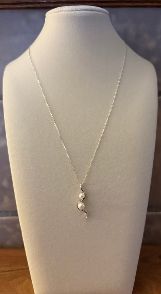 Sterling Silver Swirl Pendant Necklace with Two Pearls
