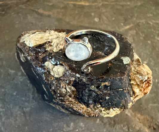 Sterling Silver Cat Ring with Moonstone Cabochon