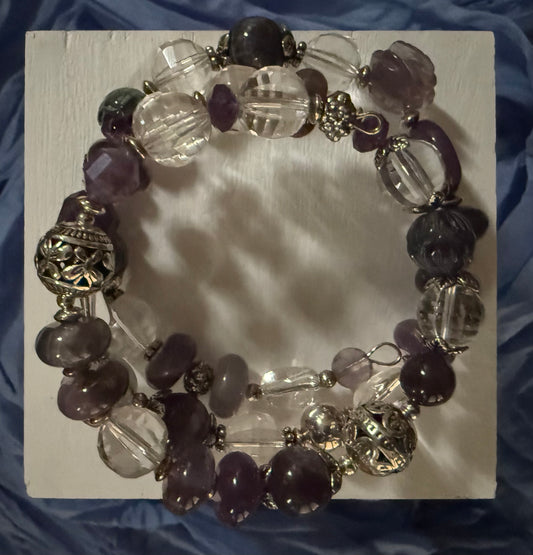 Purple Multi Stone Boho Bracelet with Quartz and Silver Accents