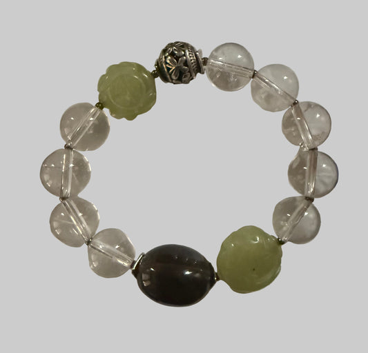 Clear Quartz Bracelet with Smoky Quartz and Carved Jade Accent Beads