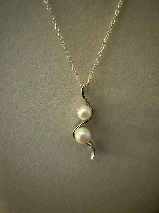Sterling Silver Swirl Pendant Necklace  with Two Pearls