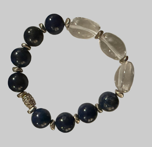 Lapis Lazuli and Crystal Bracelet with White Brass Accents