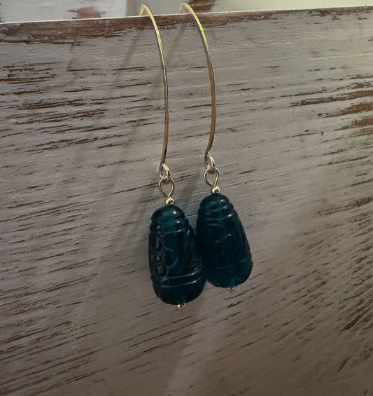 Teal Colored Carved Quartz Earrings