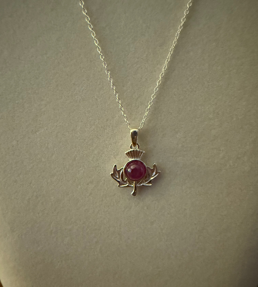 Sterling Silver Thistle Necklace with Pink Sapphire Cabochon