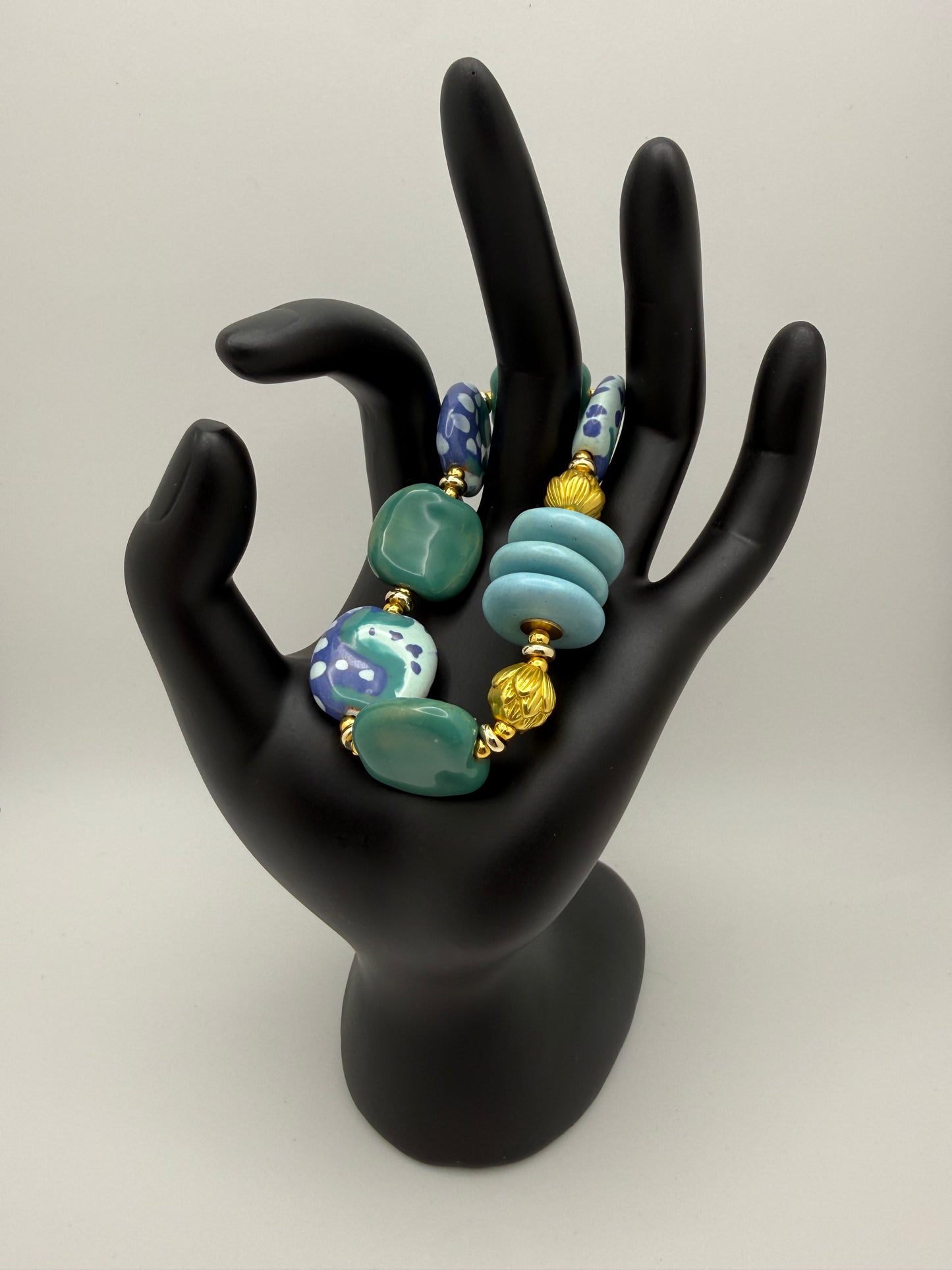 Teal and Blue Kazuri Bead Bracelet