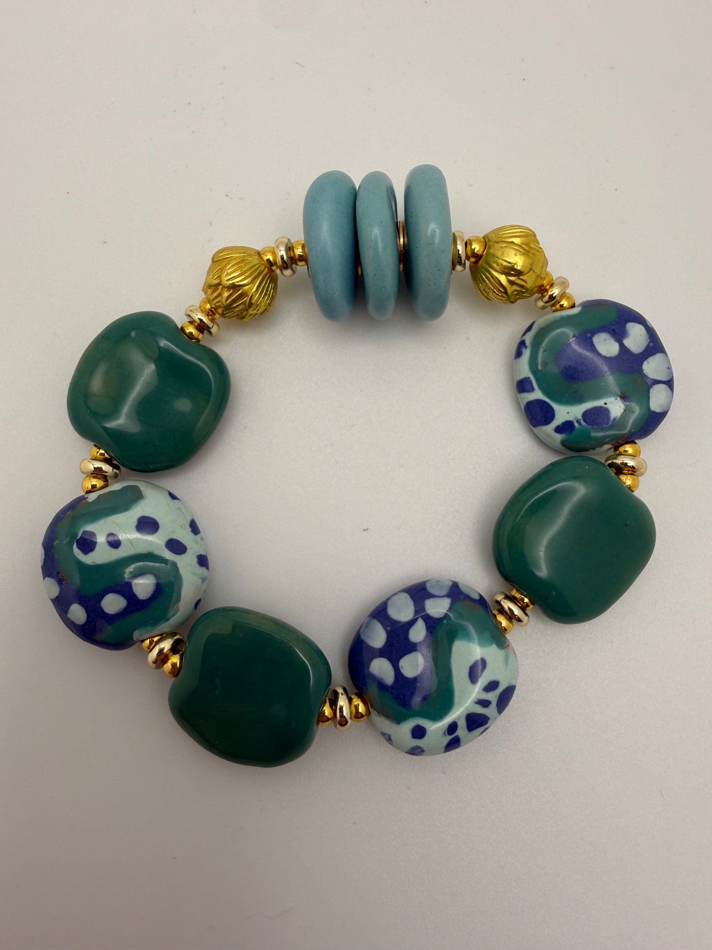Teal and Blue Kazuri Bead Bracelet