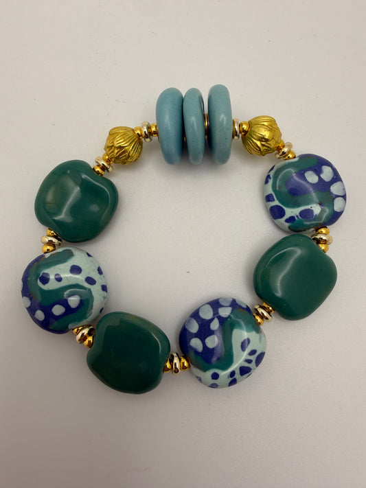 Teal and Blue Kazuri Bead Bracelet