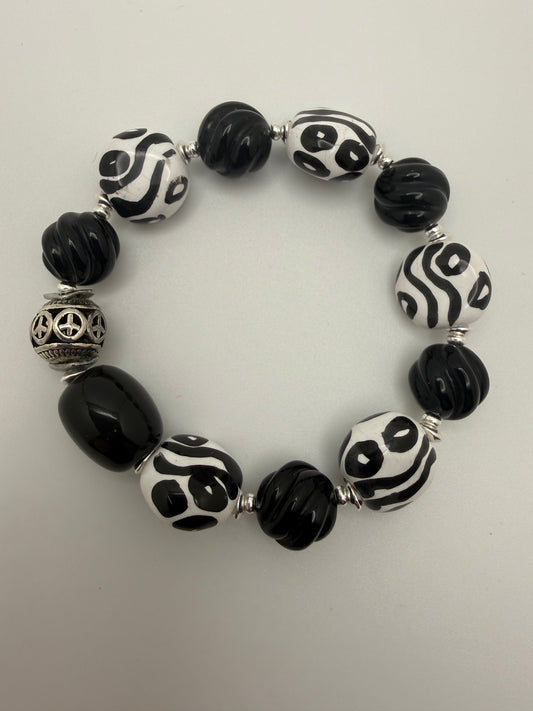 Black and White Kazuri Bead Bracelet